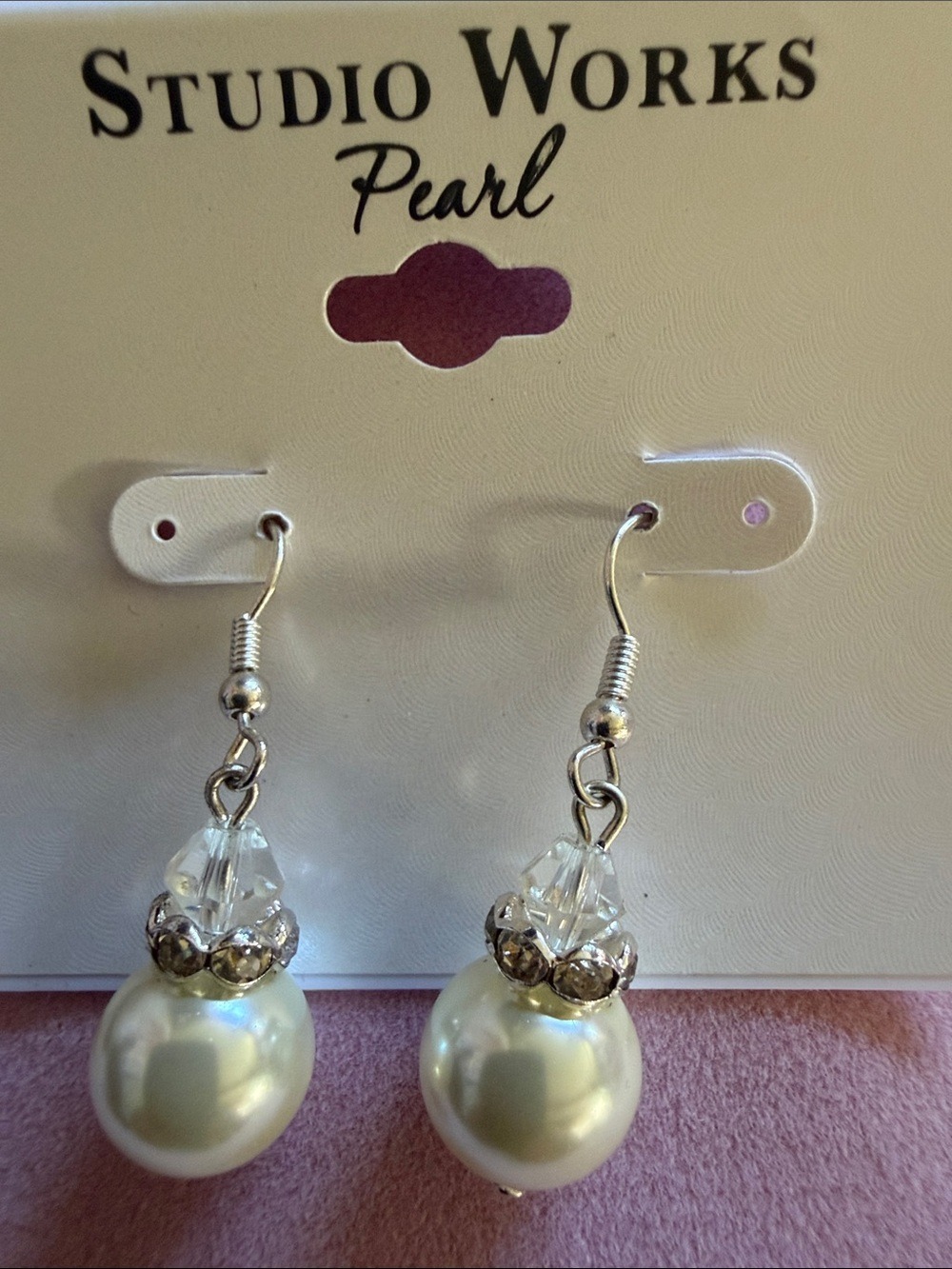 Studio Works Cream Faux Pearl 1” Drop Earrings with Crystal Accents, (J0209)